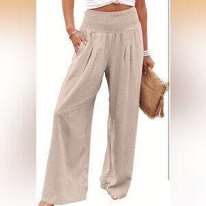 Amazon ANRABESS Wide Leg Linen Pants Palazzo Pants Beige Tan Pull on Boho Size L